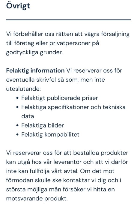 Skärmdump av avtalstext med reservation för felaktig information och rätten att neka försäljning.