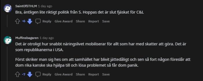 Skärmdump av forumtrådar där användare diskuterar politik med fokus på Liberalerna och näringlivets reaktioner.