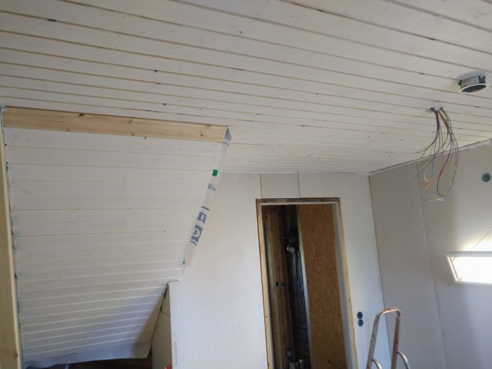 Färdigspikat träinnertak i ett halvfärdigt rum med synliga väggstolpar och utstickande elledningar.