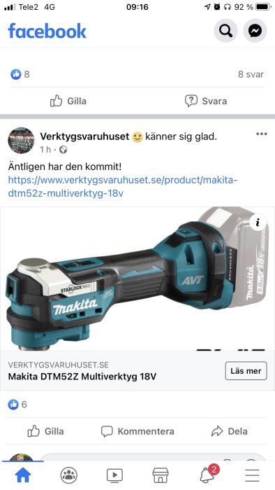 Makita DTM52Z Multiverktyg 18V utan batteri, blått och svart, på en webbannons.