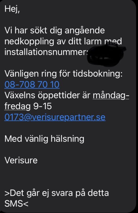 Skärmdump av SMS om tidsbokning för larminstallation med instruktioner att inte svara.