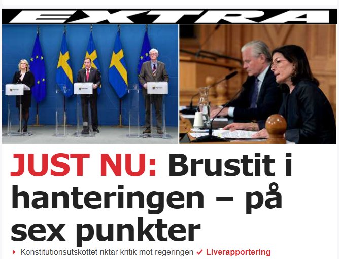 Presskonferens med regeringsmedlemmar och text "Brustit i hanteringen - på sex punkter".