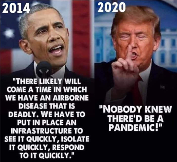 Split screen images of two individuals speaking with quotes about pandemic response from 2014 and 2020.