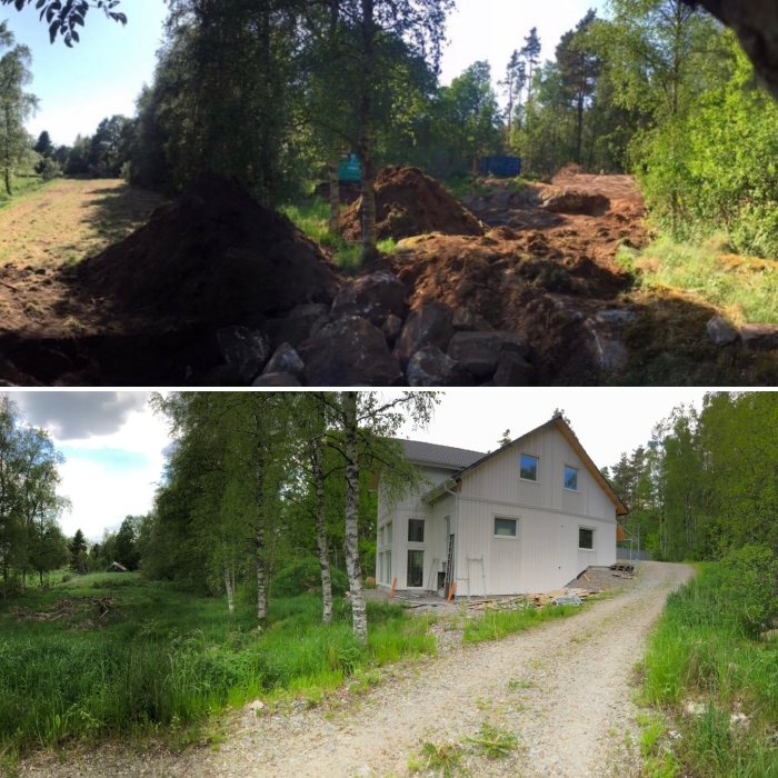 Före-och-efter-bilder av tomt, överst med grushögar och nedtill med nybyggt hus omgivet av grönska.