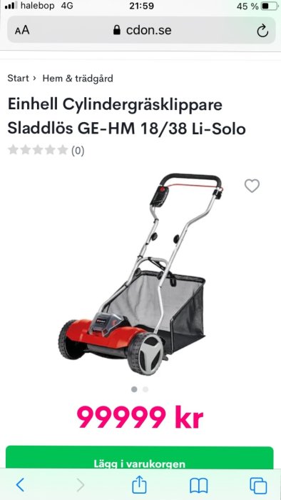 Cylindergräsklippare från Einhell på en webbshoppsida, pris 99999 kr, med köpknapp och betyg.