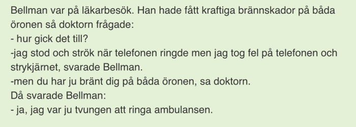 Text från ett inlägg skämtande om hur Bellman förväxlade ett strykjärn med en telefon.