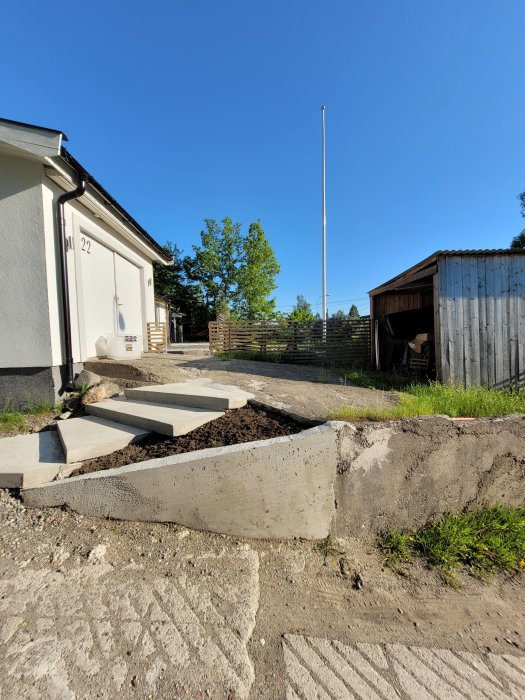 Obyggd uppfart vid hus med gräsmatta och betongfundament, klar för markstensläggning.