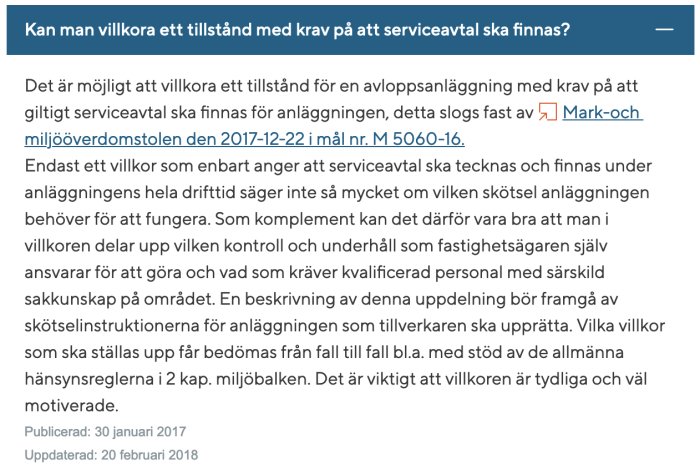 Skärmdump av ett foruminlägg om krav på serviceavtal för avloppsanläggningar med text från miljödomstolen.