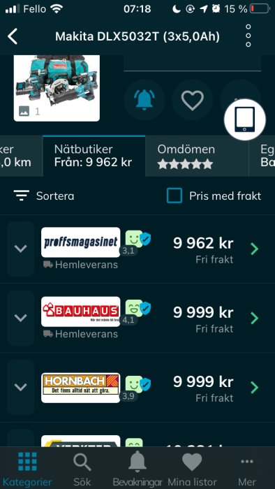 Skärmdump från Prisjakts app som jämför pris på Makita verktygspaket DLX5032 i olika butiker.