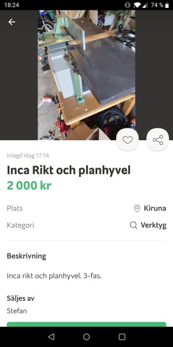 Inca rikthyvel och planhyvel i en verkstadsmiljö till salu.