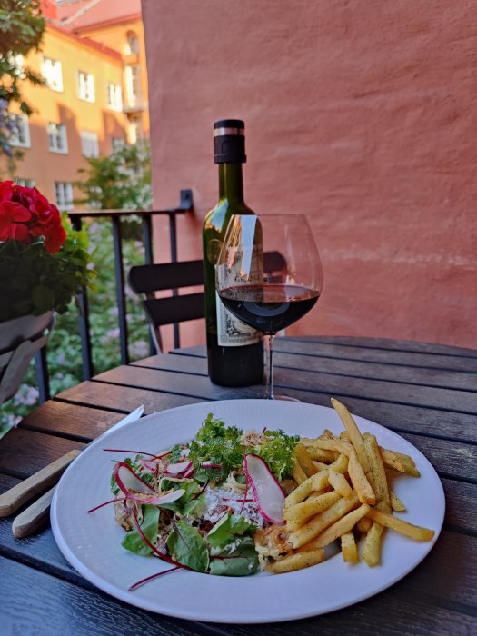 Oxfilé tartar på en vit tallrik med pommes frites, serverad på balkong med vinflaska och glas.