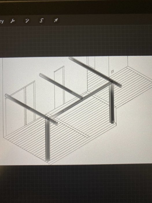 Digital skiss av en modern pergola i ett ritprogram, med horisontella och vertikala linjer som visar designen.