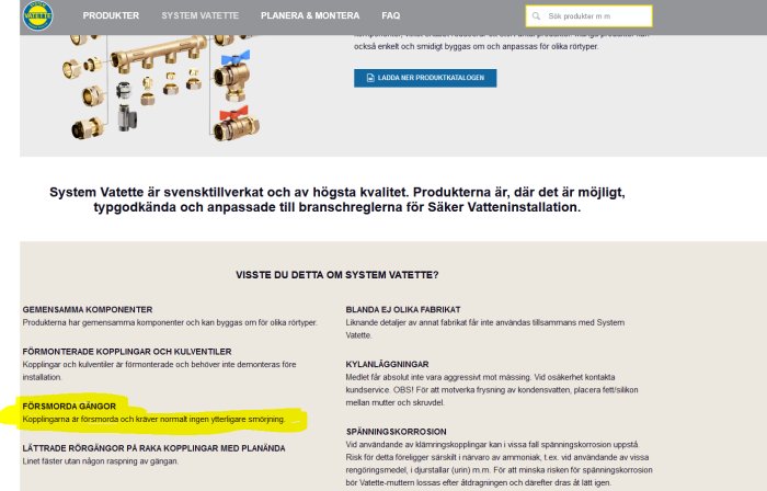 Skärmdump av Vatettes webbsida som visar rördelar och text om försmorda kopplingar.