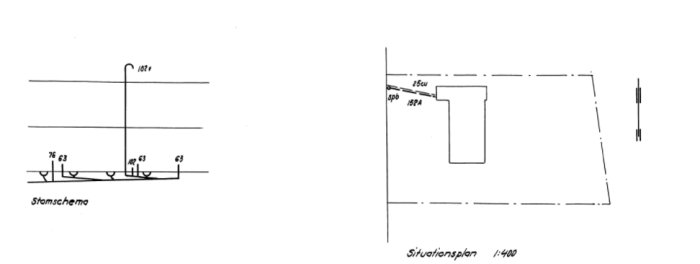 Schema och situationsplan som visar avloppsledningar i relation till en planerad parkeringsplats framför en byggnad.