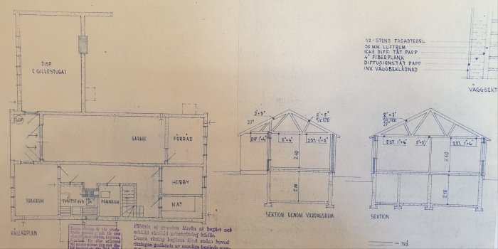 Arkitektritning av källarplan och sektioner genom enplanshus från 60-talet med markerade tegelväggar för eventuell rivning.