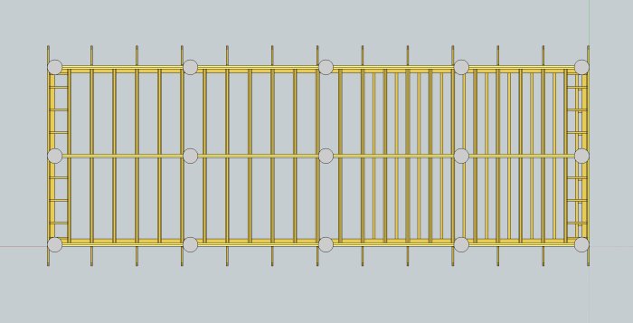 Skiss i 3D-program av en stomme för ett fritidshus utan fönster och dörrar, med dimensioner markerade.