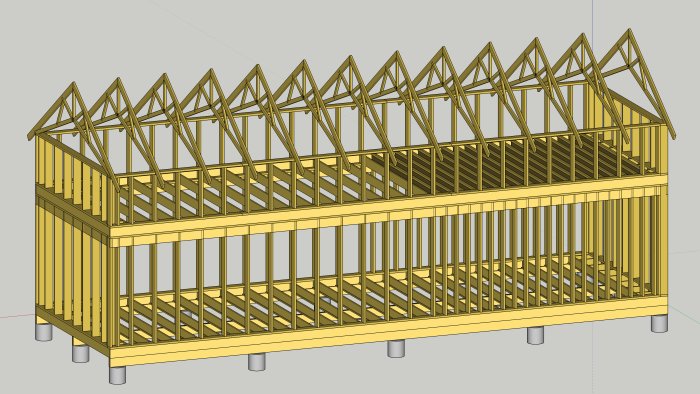 3D-skiss av stommen till ett fritidshus i lösvirke, visar bjälklag och takstolar.
