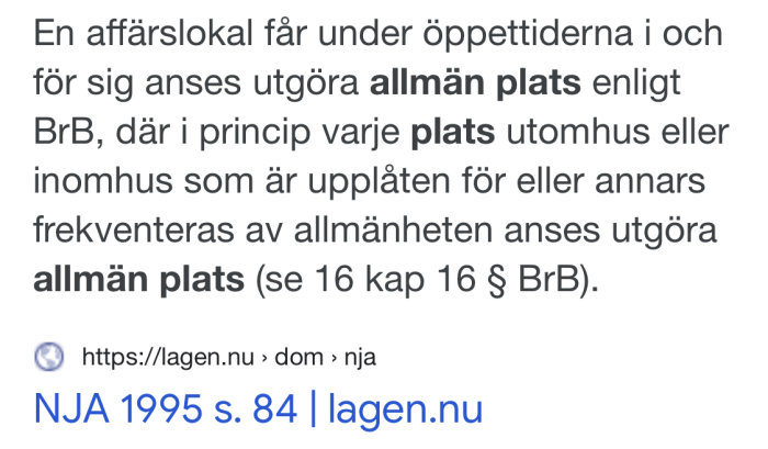 Skärmdump av svensk juridisk text som definierar en allmän plats.