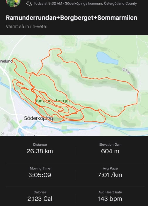 Kartskärmdump som visar en löptur på 26.38 km med en stigning på 604 meter, tid 3:05:09.