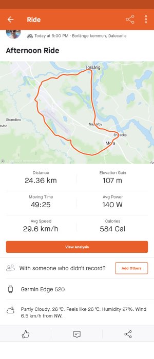 Skärmklipp av cykelturdata med karta, distans 24,36 km, tid 49:25 och hastighet 29,6 km/h.