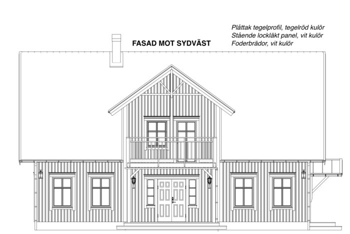 Arkitektonisk fasadritning av ett tvåvåningshus med plåttak och lockläkt panel.