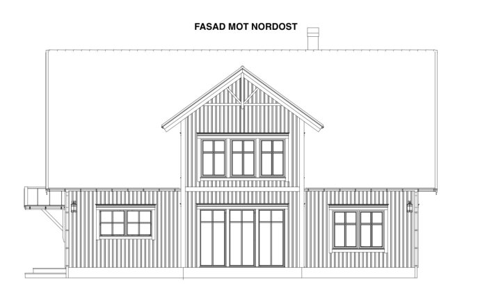 Fasadritning av ett hus med etiketten "FASAD MOT NORDOST" ovanför.