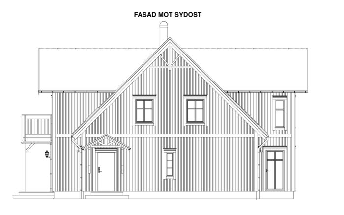 Arkitektonisk fasadritning av hus sydostsida med dörr, fönster och balkong.