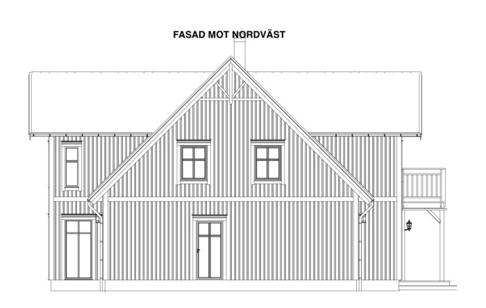 Fasadritning av ett hus med beteckningen "FASAD MOT NORDVÄST", som visar fasaden med fönster, dörr och balkong.