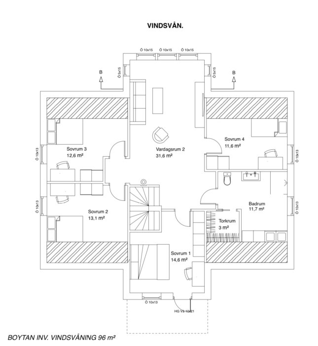 Planritning av en vindsvåning med fyra sovrum, vardagsrum, badrum och torkrum, totalt 96 m².