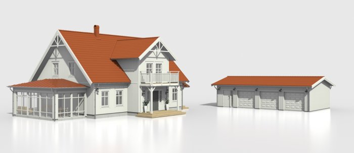 3D-rendering av en vit villa med rött tak och veranda samt en matchande friliggande dubbelgarage.