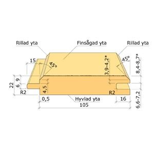 Teknisk ritning av en träbjälke med dimensioner och detaljerade ytbearbetningar.