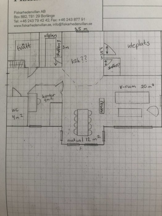 Handritad skiss av husplan med mått för kök, matsal och vardagsrum, inklusive förslag på köksö.