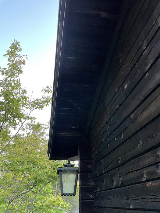 Mörk brädfasad på byggnad med överblick av takfot och lampa, omgiven av grönska.