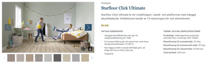 Ett rum med Tarkett Click Ultimate vinylgolv, barn som leker, och olika golvfärger visade nedanför.