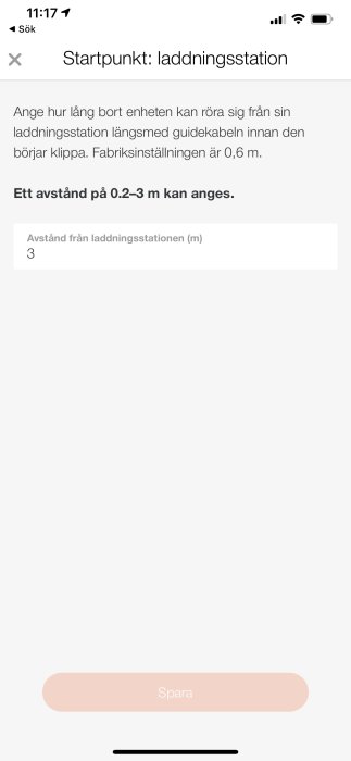 Skärmdump av inställningar för startpunkt vid laddningsstation med avståndsparameter satt till maximalt 3 meter.