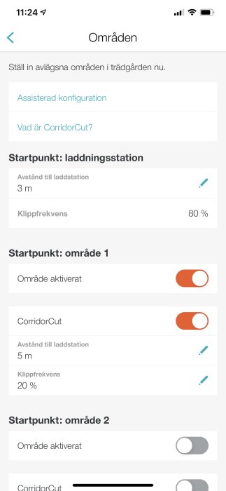 Skärmdump av en app med inställningar för klippområden, inklusive CorridorCut-funktion och klippfrekvens.