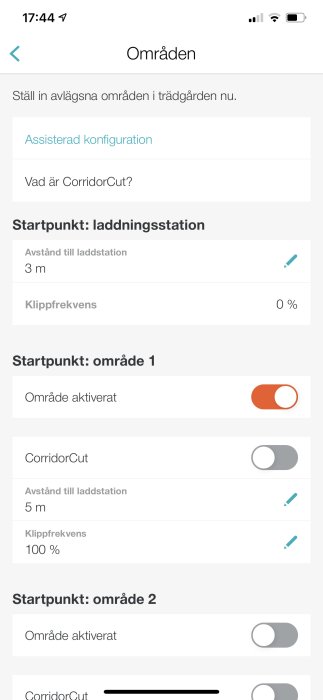 Skärmdump av en mobilapplikation för inställningar av klippområden för en robotgräsklippare.