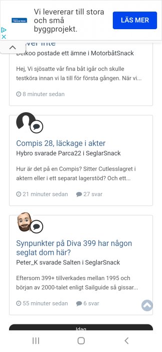 Skärmdump från diskussionsforum med inlägg om båtbygge och båttekniska frågor.