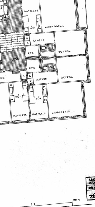 Arkitektritning av en planlösning för en bostad utan balkong, innehåller kök, sovrum och vardagsrum.