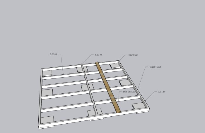3D-ritning av trallkonstruktion på marksten med måttangivelser och regelplacering.