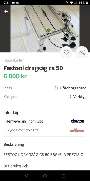 Festool dragsåg CS 50 på vit bakgrund, annonserad till försäljning.