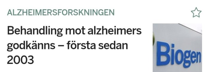 Skärmdump av en artikel om godkännande av alzheimersbehandling med Biogen-logotypen till höger.