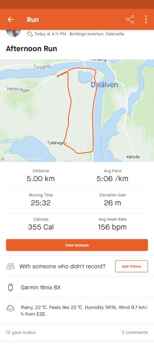 Skärmdump av löparspår med statistik, 5 km distans, 25:32 tid, i Borlänge kommun.