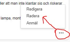 Skärmdump av ett foruminlägg med en meny för att redigera, radera eller anmäla inlägget.