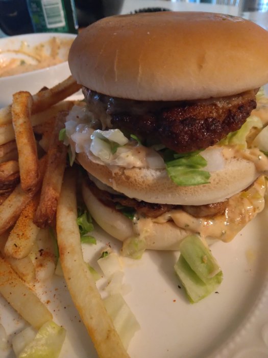 Hamburgare med bröd, sallad och sås på en tallrik bredvid en portion pommes frites kryddade med paprikapulver.