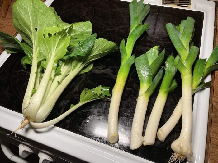 Skördat pak choi och fjolårspurjolök ligger på ett svart spis.