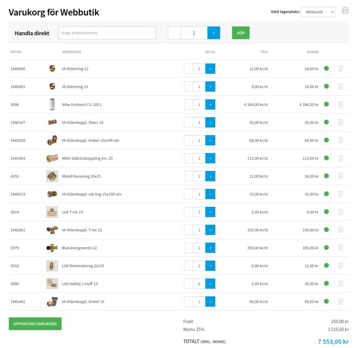 Skärmbild av en webbutiks varukorg med diverse VVS-artiklar och totalt belopp.