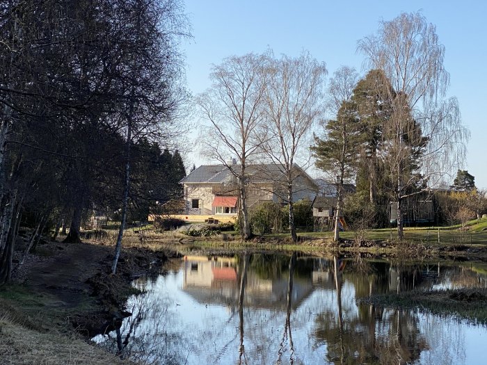 Vy över en damm med spegling av träd och ett hus i bakgrunden, omgivet av grönska och en blå himmel.