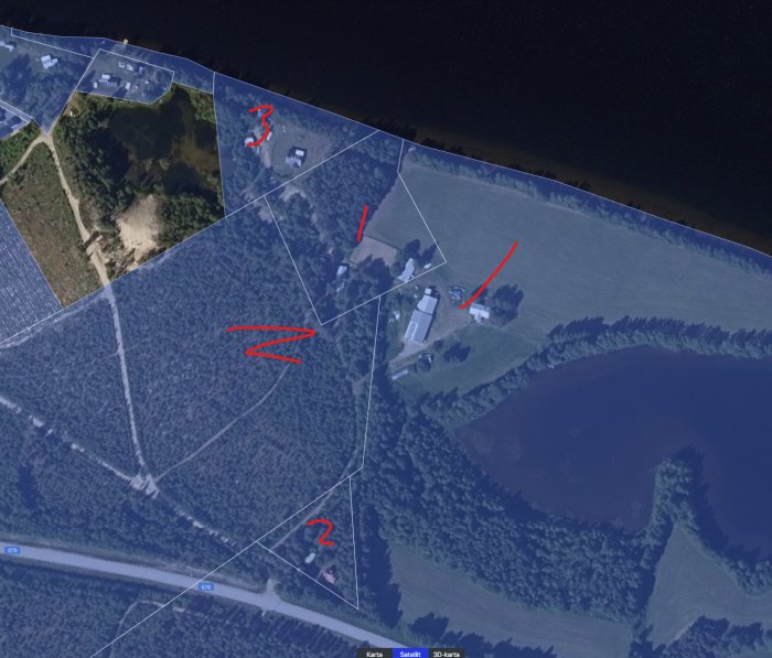 Satellitbild över fastigheter med markerade tomtgränser och numrerade områden.