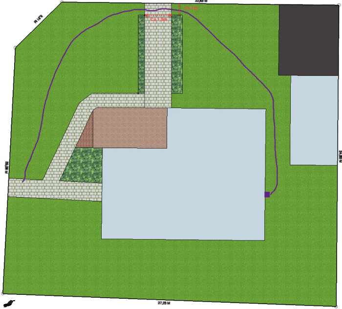 Skiss av en trädgård med en 1,5m lång passage, stengång, gräsmatta, begränsningskablar och planteringsområden.